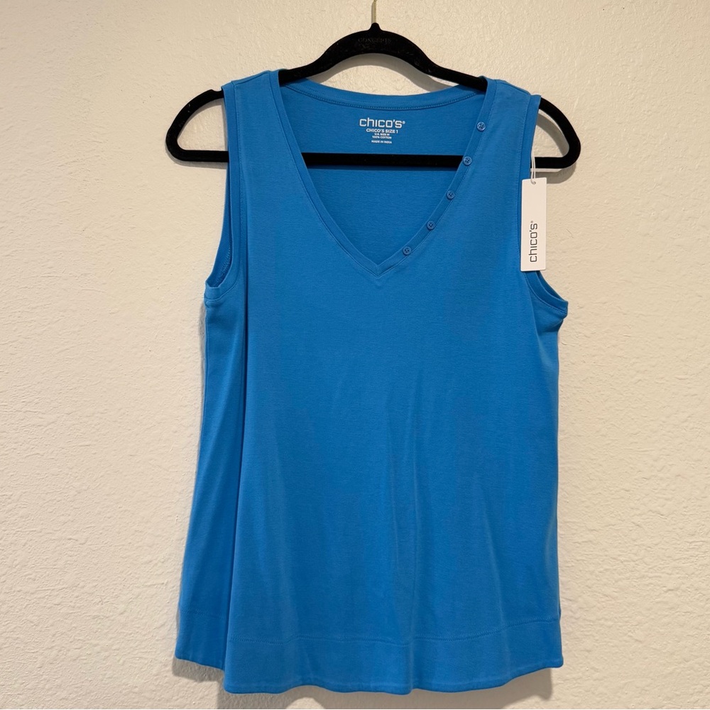 NWT Chico’s Blue V-Neck Tank Top with Button Detail